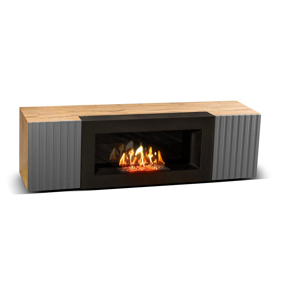 Тумба под ТВ с биокамином SteelHeat IMOLA IMPULSE 140 см (корпус дуб Вотан / фасады дуб Гротто Гранит)